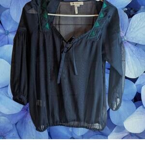 BCBGeneraltion XS 3/4 sleeve sheer blue and green polyester casual woman's top.